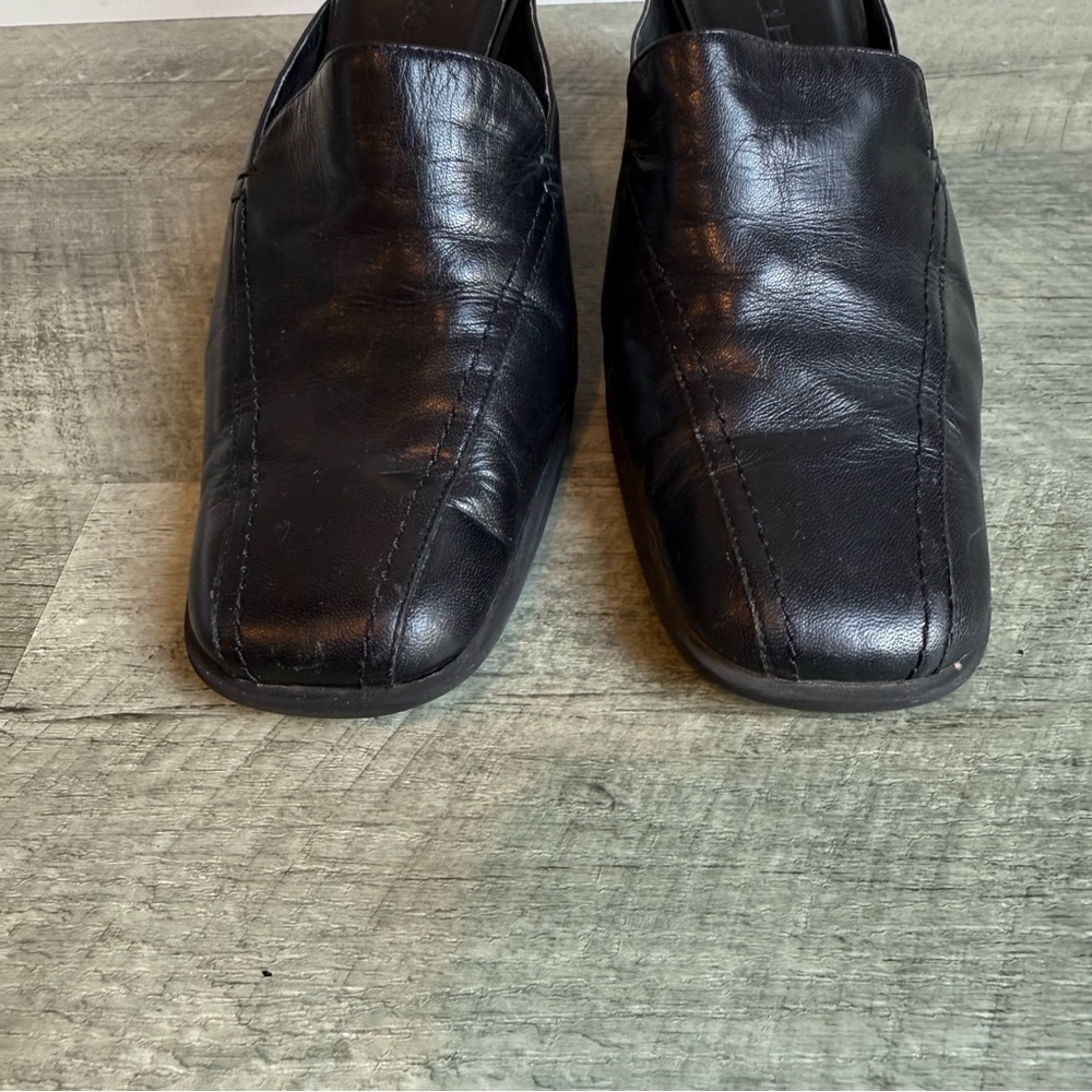 Vtg Clog Mules Womens 8 Black Leather Slip-On Heeled Sq Toe Block Heel Shoe - Picture 3 of 11